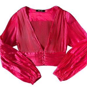 Do+Be Women's Pink Pleated Deep V Long Sleeve Blouse